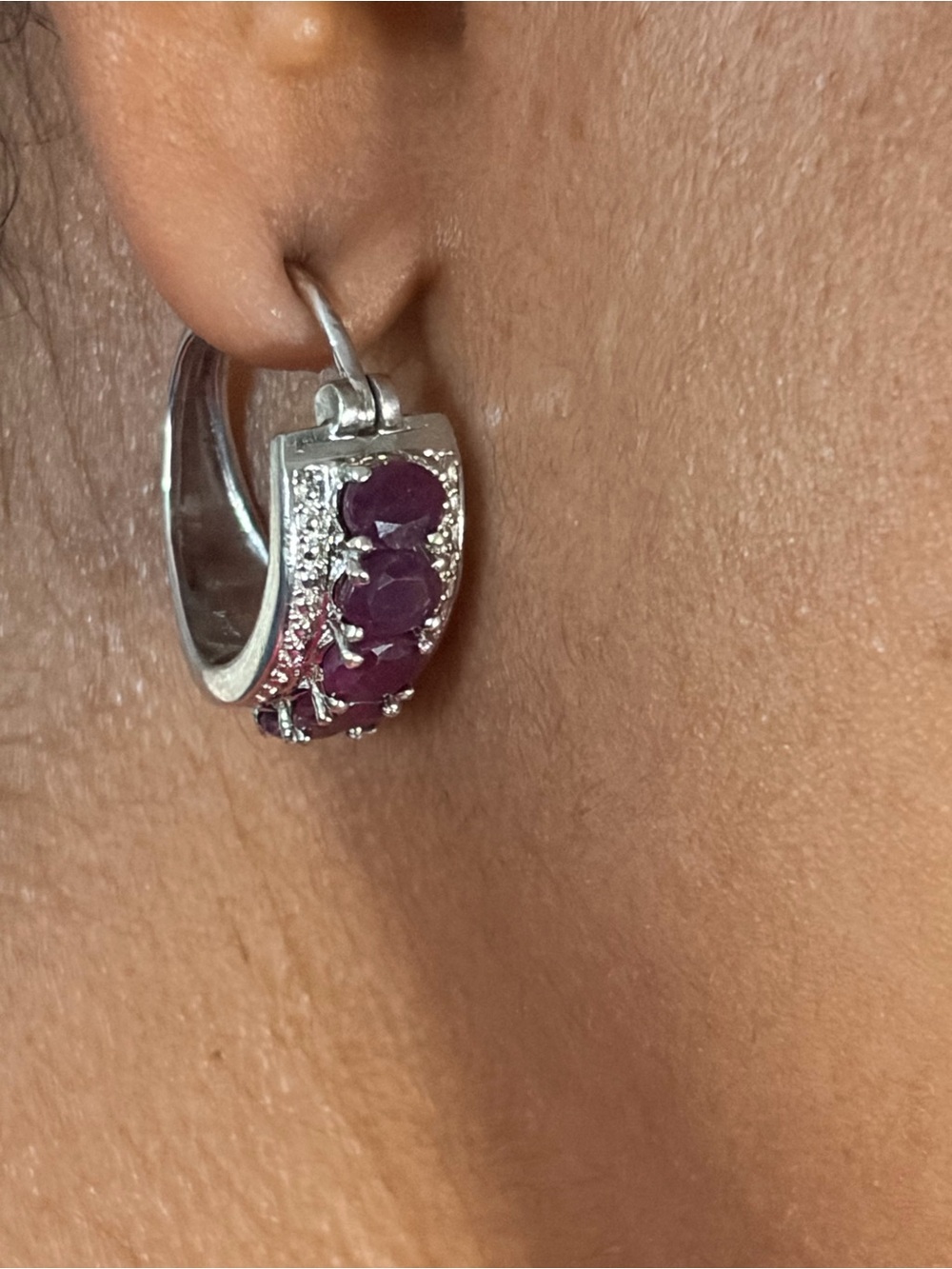 Sterling Silver 5 Oval Ruby Hoop Earrings